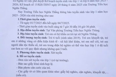 THÔNG BÁO: TUYỂN SINH VÀO LỚP 1 NĂM HỌC 2025-2026